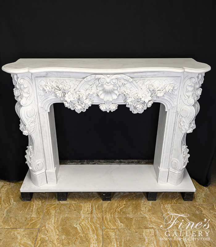 Marble Fireplaces  - Ornate French Marble Fireplace With Rose Garlands In Deep Relief - MFP-2334